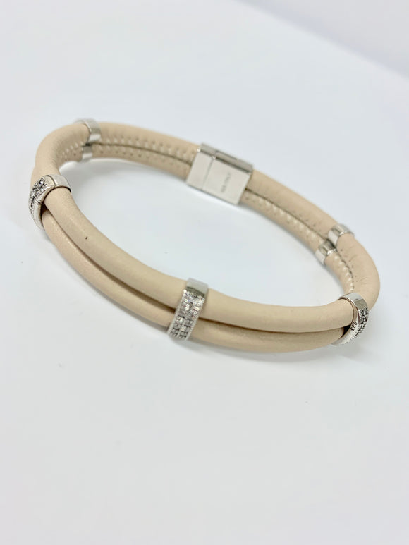 SIF JAKOBS SILVER CREAM LEATHER & CUBIC ZIRCONIA BRACELET