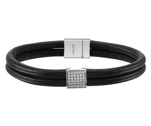 SIF JAKOBS MODENA SILVER, BLACK LEATHER & CUBIC ZIRCONIA BRACELET