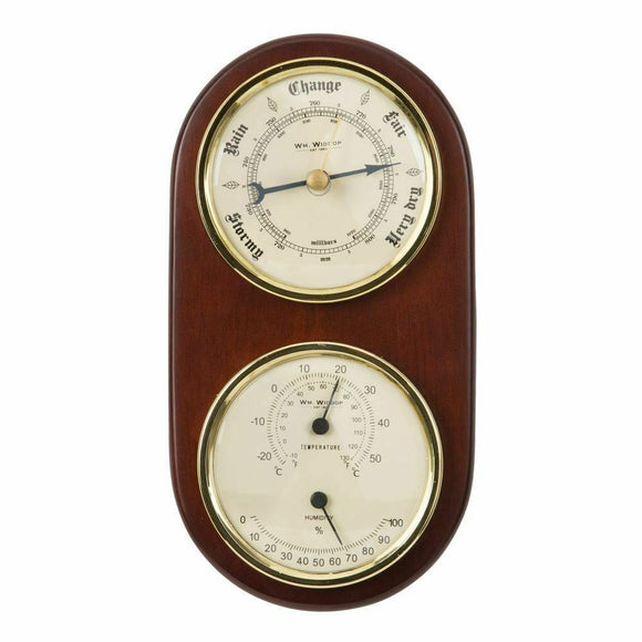 WIDDOP BAROMETER THERMOMETER HYGROMETER ON DARK WOOD MOUNT