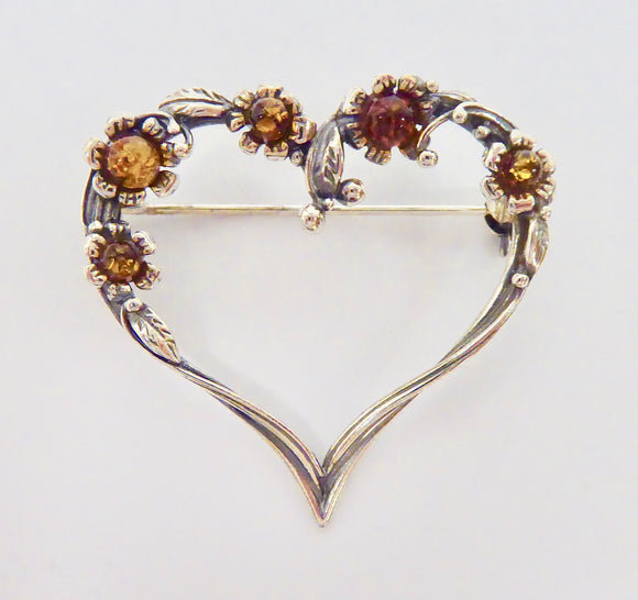 AMBER & SILVER HEART FLOWER OPEN BROOCH