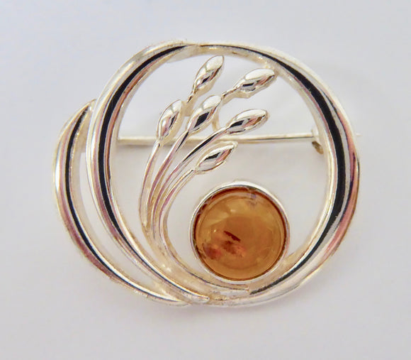 AMBER & SILVER OPEN SPRAY ROUND BROOCH