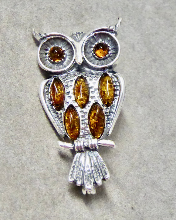 AMBER & SILVER OWL BROOCH