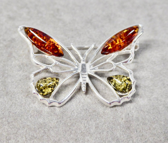 AMBER & SILVER BUTTERFLY BROOCH