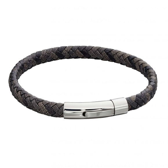 FRED BENNETT WOVEN GREY LEATHER & STAINLESS STEEL BRACELET