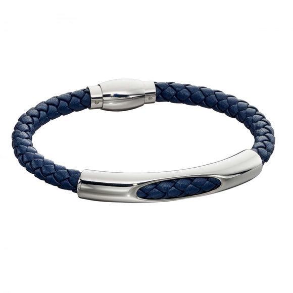 FRED BENNETT WOVEN NAVY BLUE LEATHER & STAINLESS STEEL MAGNETIC CLASP BRACELET