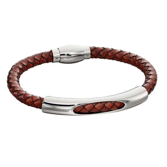 FRED BENNETT WOVEN BROWN LEATHER & STAINLESS STEEL MAGNETIC CLASP BRACELET