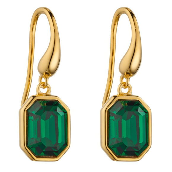 SILVER GOLD PLATED ELONGATED OCTAGONAL & GREEN EMERALD CRYSTAL EARRINGS
