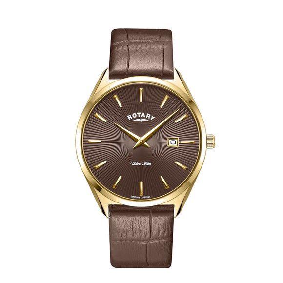 ROTARY MEN'S ULTRA SLIM GOLD PLATED BROWN DIAL & STRAP WATCH