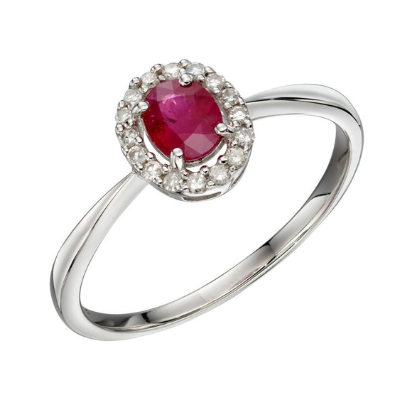 9CT WHITE GOLD RUBY & DIAMOND CLUSTER RING