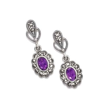 LUKE STOCKLEY SILVER  MARCASITE & AMETHYST OVAL DROP EARRINGS