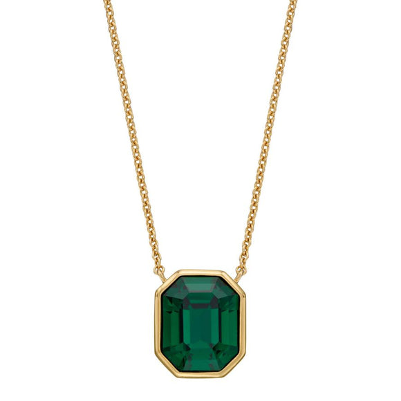 SILVER GOLD PLATED ELONGATED OCTAGONAL & GREEN EMERALD CRYSTAL NECKLACE