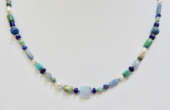 BRAVE SILVER TURQUOISE, LAPIS & PEARL NECKLACE 16
