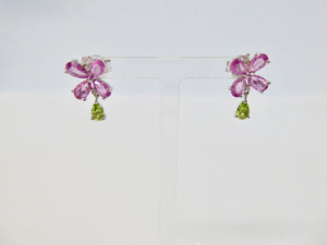 18CT WHITE GOLD, PINK SAPPHIRE, PERIDOT & DIAMOND EARRINGS