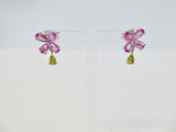 18CT WHITE GOLD, PINK SAPPHIRE, PERIDOT & DIAMOND EARRINGS
