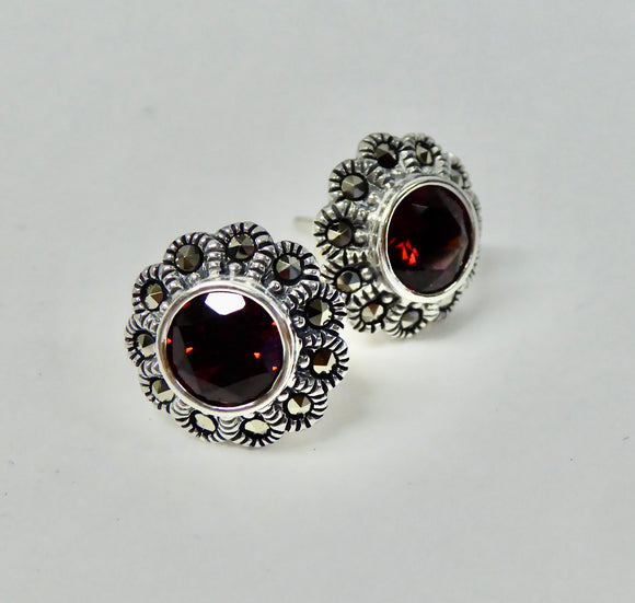 LUKE STOCKLEY SILVER  MARCASITE & GARNET ROUND STUD EARRINGS