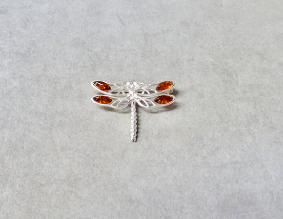 AMBER & SILVER DRAGONFLY BROOCH