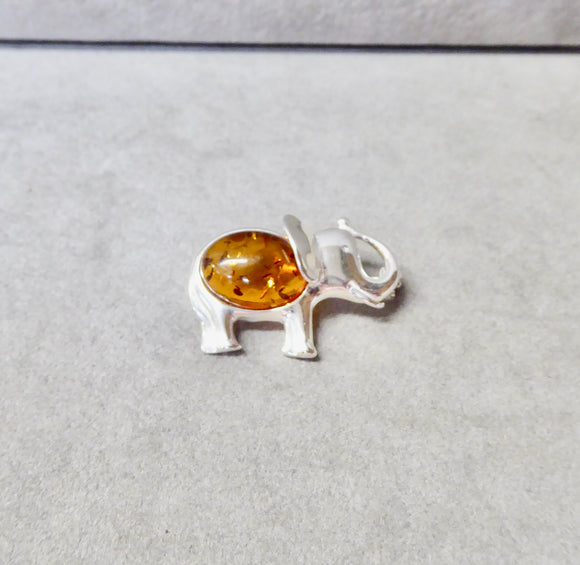 AMBER & SILVER ELEPHANT BROOCH