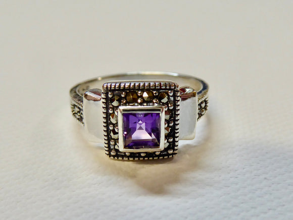 LUKE STOCKLEY SILVER MARCASITE & AMETHYST SQUARE RING