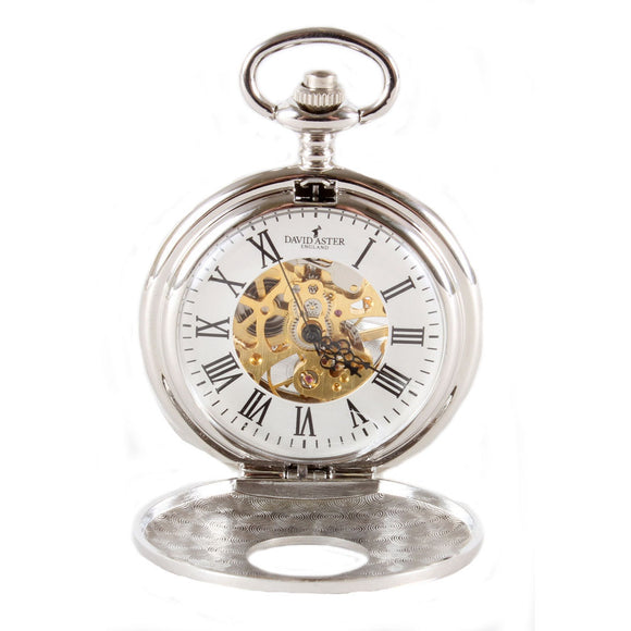 DAVID ASTER SILVER PATTERNED HALF HUNTER MECHANICAL POCKET WATCH