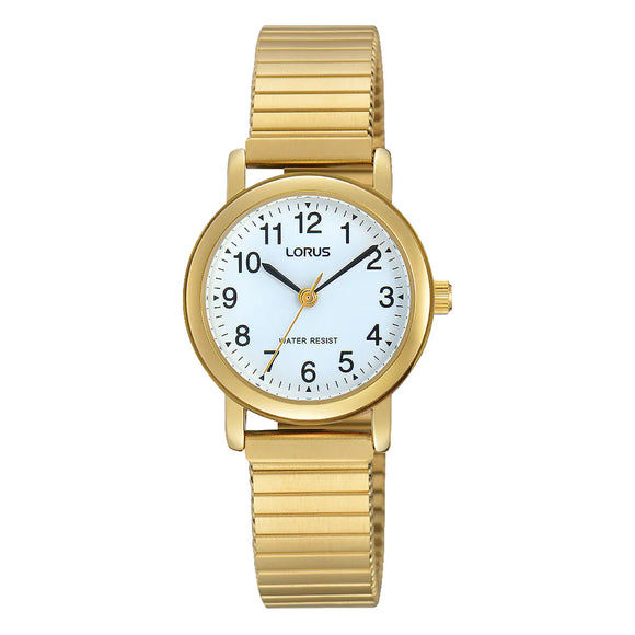 LORUS LADIES' GOLD CLASSIC ROUND WHITE DIAL EXPANDER BRACELET WATCH