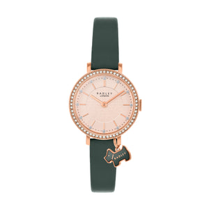 RADLEY LADIES' ANCHOR MEWS ROSE GOLD PLATED WITH CRYSTALS & GREEN STRAP