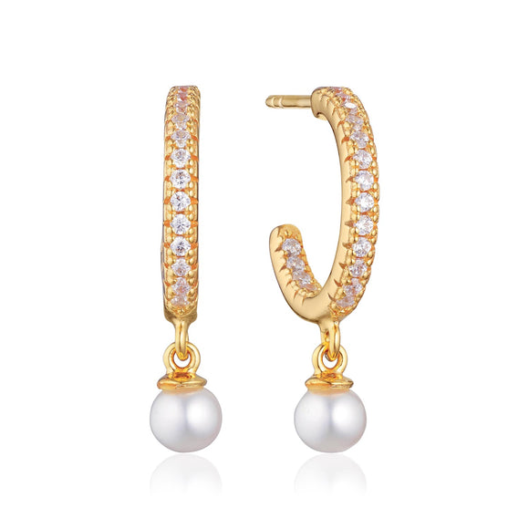 SIF JAKOBS ELLERA PERLA MEDIO GOLD PLATED SILVER, PEARL & CUBIC ZIRCONIA CREOLE EARRINGS