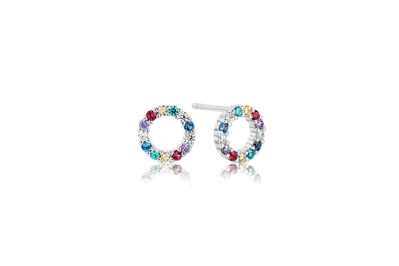 SIF JAKOBS BIELLA GRANDE SILVER MULTI COLOURED RAINBOW CZ STUD EARRINGS