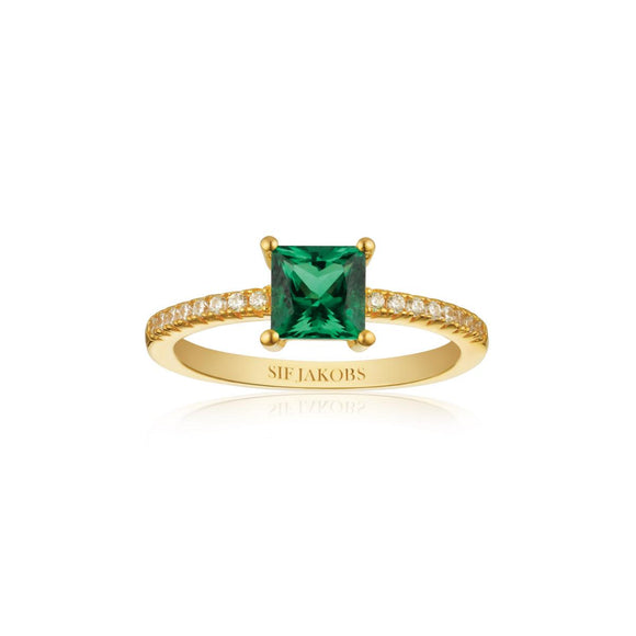 SIF JAKOBS ELLERA QUADRATO GOLD PLATED SILVER & GREEN CUBIC ZIRCONIA RING