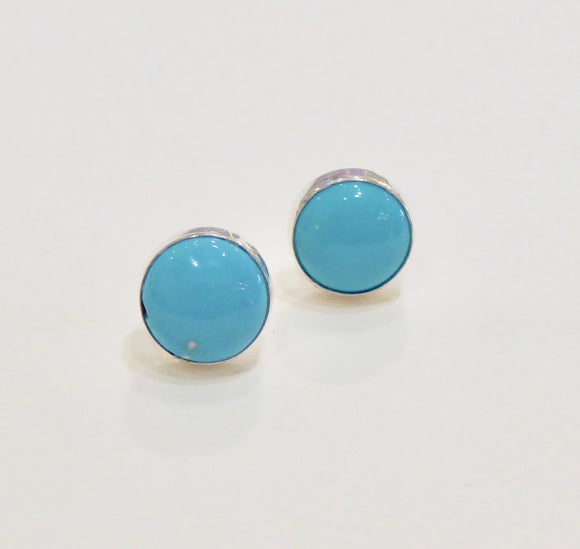 BRAVE SILVER TURQUOISE ROUND PLAIN EDGE STUD EARRINGS 8MM