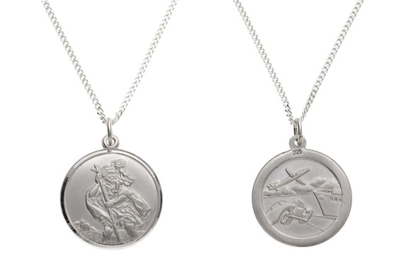 STERLING SILVER ROUND DOUBLE SIDED PLAIN EDGE ST CHRISTOPHER & CHAIN