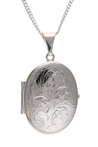 STERLING SILVER ENGRAVED OVAL LOCKET & CHAIN