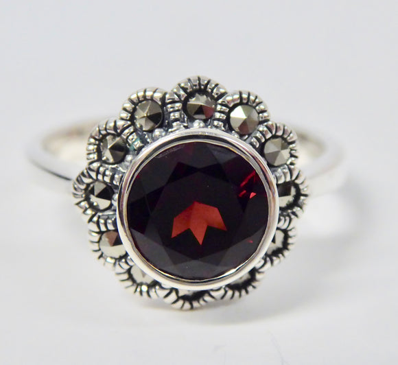 LUKE STOCKLEY SILVER MARCASITE & GARNET ROUND RING