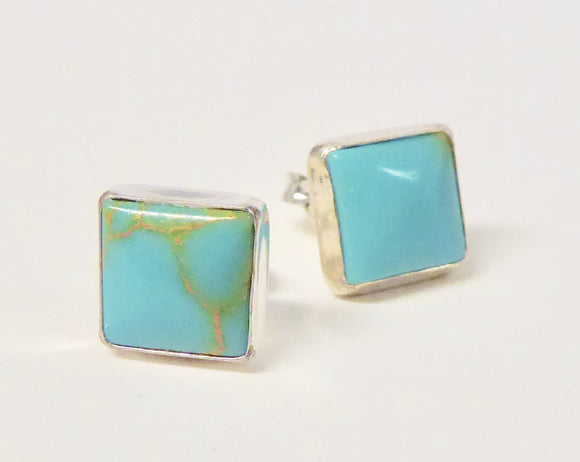 BRAVE SILVER TURQUOISE SQUARE PLAIN EDGE STUD EARRINGS 8MM