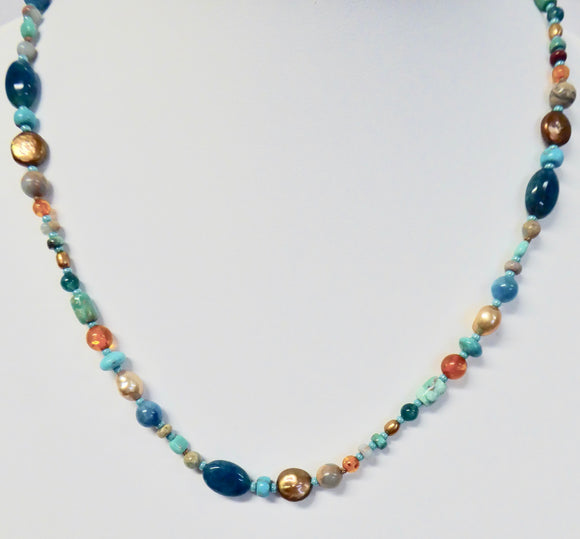 BRAVE MARY SALAZAR SILVER APATITE, TURQUOISE & PEARL BEAD NECKLACE 18