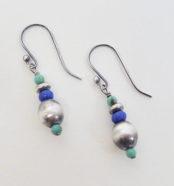 BRAVE MARY SALAZAR OXIDISED SILVER DENIM LAPIS, TURQUOISE BEAD DROP EARRINGS