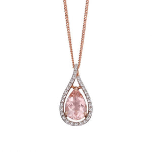 9CT GOLD, MORGANITE & DIAMOND TEAR SHAPED NECKLACE