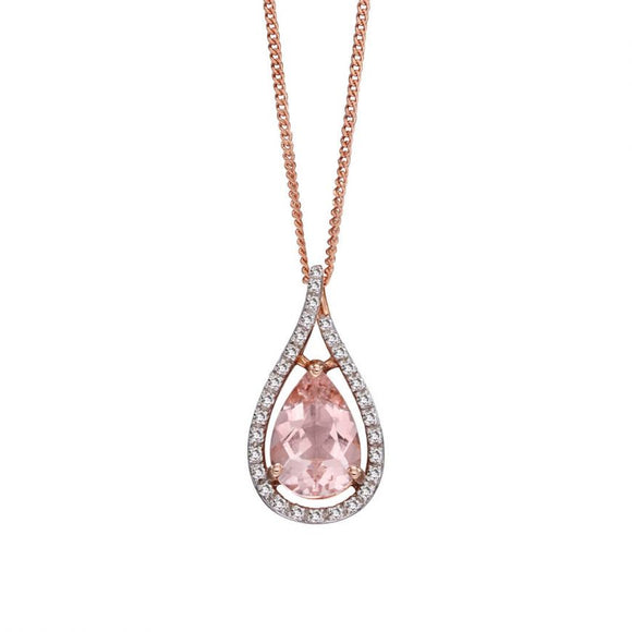 9CT GOLD, MORGANITE & DIAMOND TEAR SHAPED NECKLACE