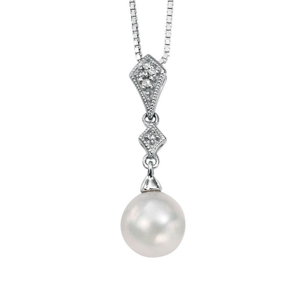 9CT WHITE GOLD WHITE FRESHWATER PEARL & DIAMOND DROP NECKLACE