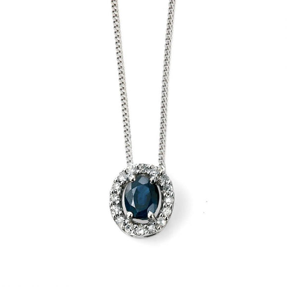 9CT WHITE GOLD, SAPPHIRE & DIAMOND OVAL CLUSTER NECKLACE