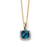 9CT YELLOW GOLD LONDON BLUE TOPAZ & DIAMOND CLUSTER NECKLACE