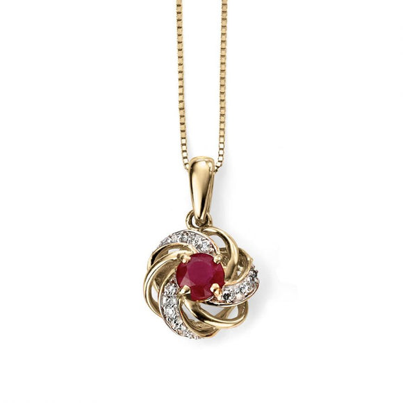 9CT YELLOW GOLD RUBY & DIAMOND SWIRL CLUSTER NECKLACE