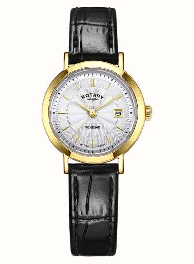 ROTARY LADIES' GOLD PLATED WINDSOR & BLACK STRAP WATCH