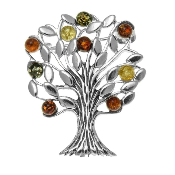 AMBER & SILVER MULTI  COLOUR TREE OF LIFE  BROOCH