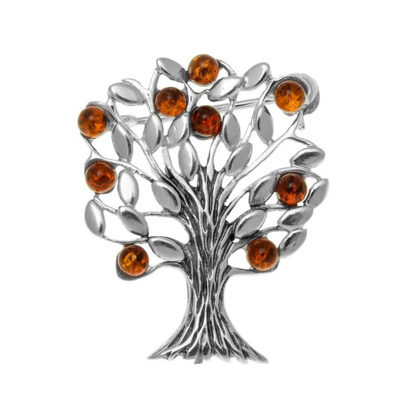AMBER & SILVER TREE OF LIFE BROOCH
